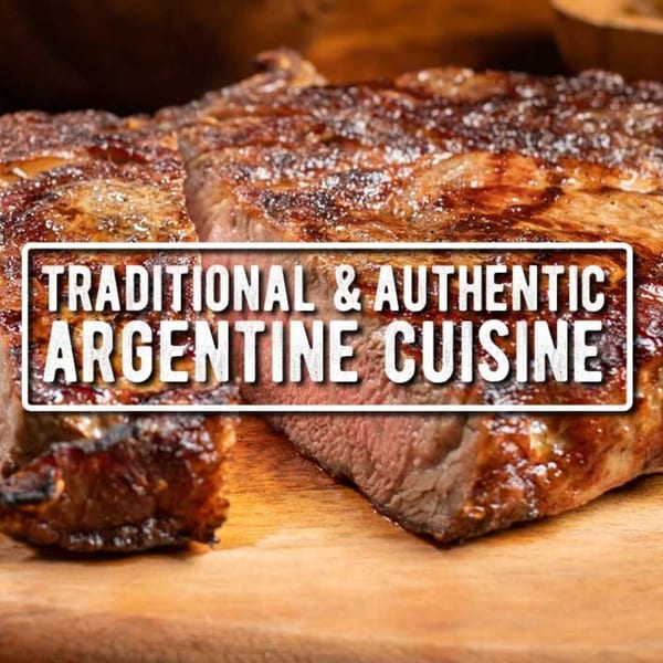Close-up of a perfectly grilled Argentine steak on a wooden board, with text overlay.